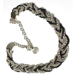 Dana Buchman Necklace 14" Silver Tone Black Braided Rhinestone  Mesh 9 Strands